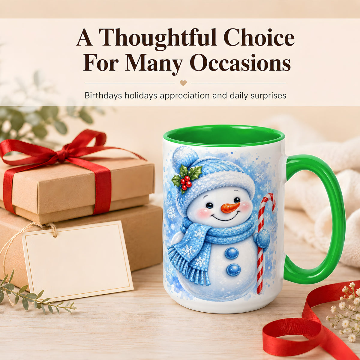 #pl[15oz|Green] Blue Snowman Coffee Mug, Winter Snowman Mug, Ceramic Cup