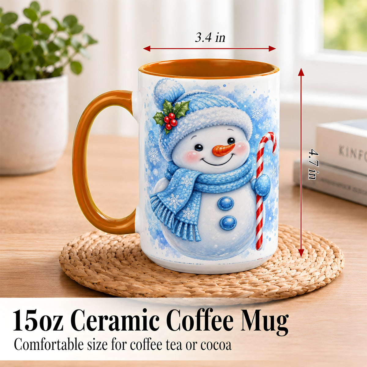 #pl[15oz|Orange] Blue Snowman Coffee Mug, Winter Snowman Mug, Ceramic Cup