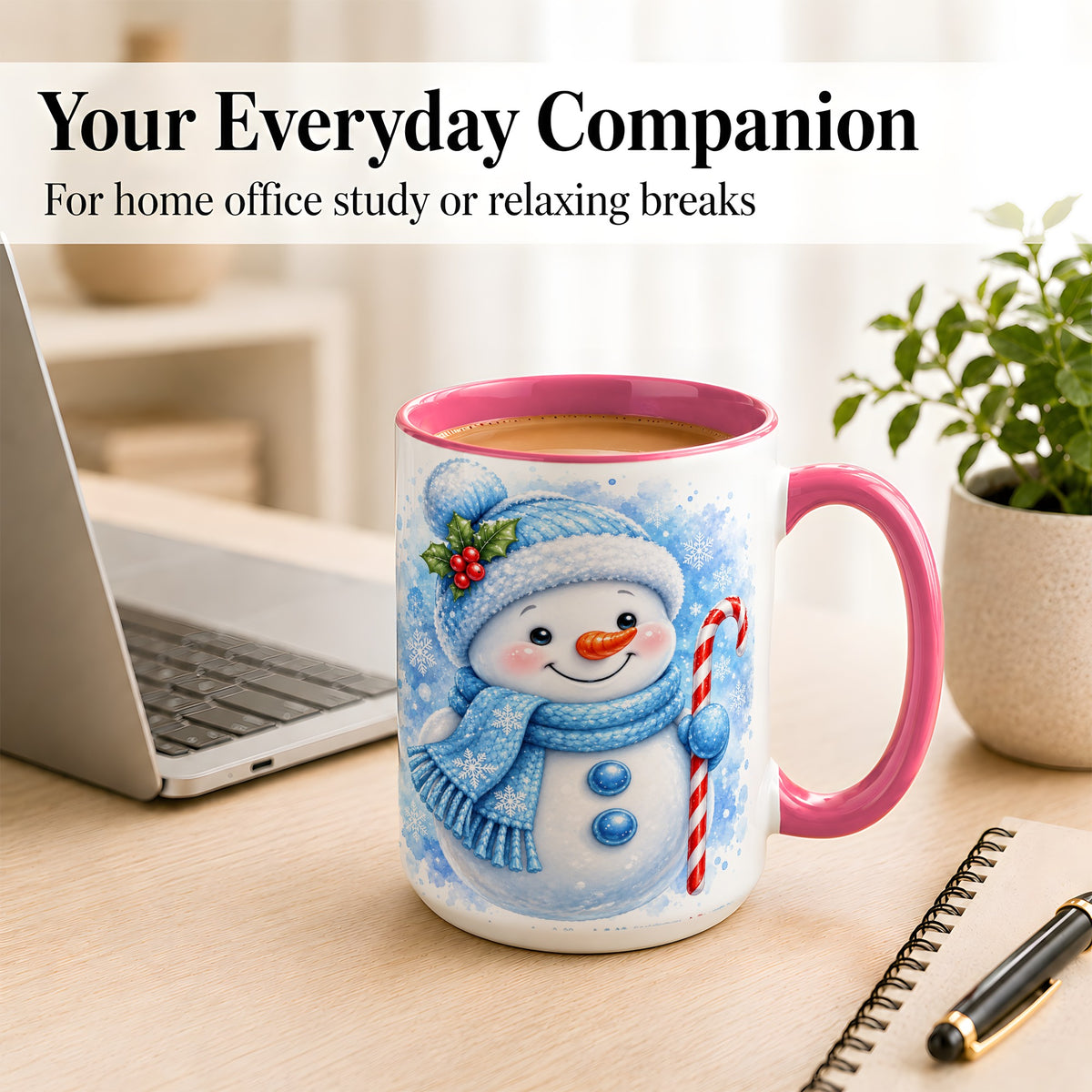 #pl[15oz|Pink] Blue Snowman Coffee Mug, Winter Snowman Mug, Ceramic Cup