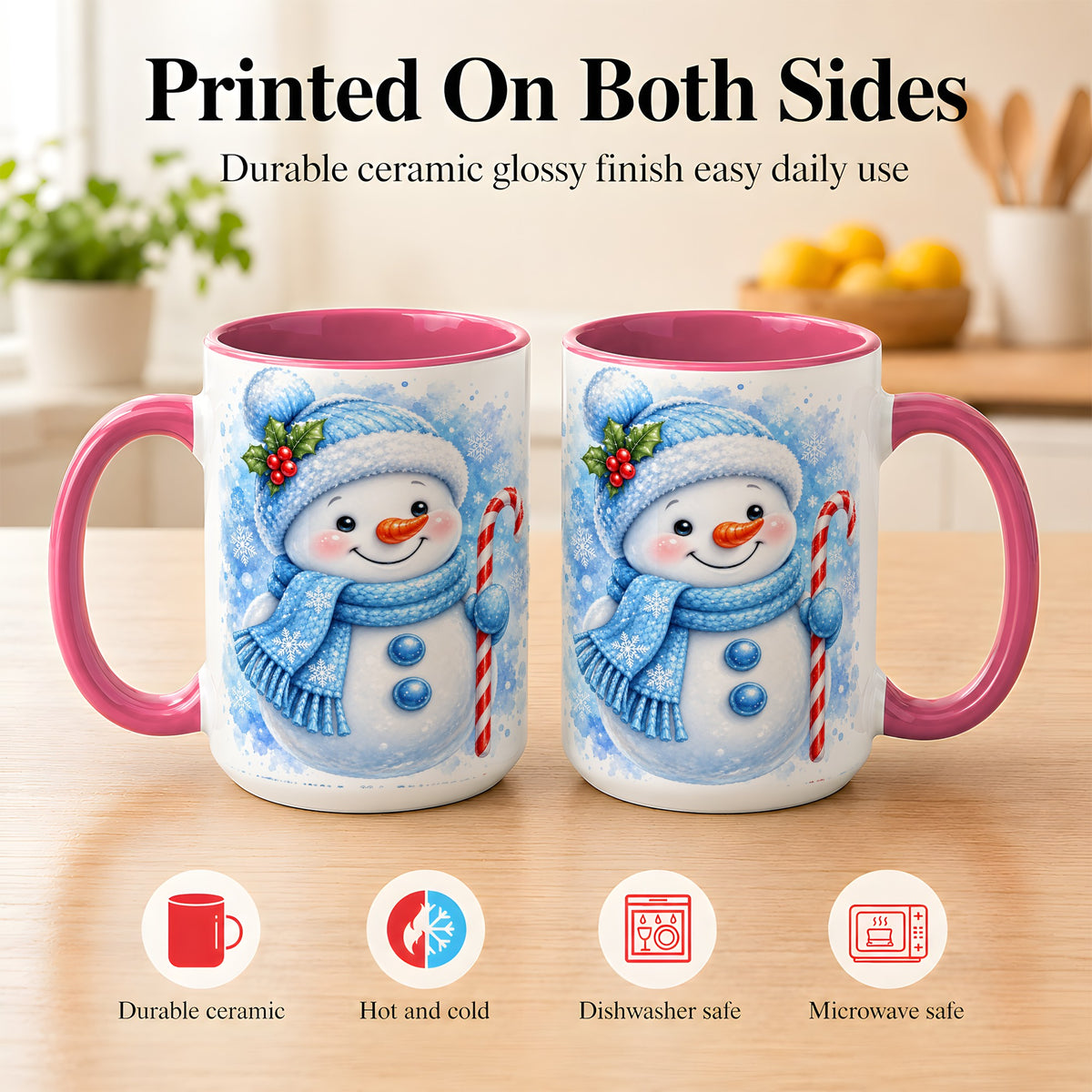 #pl[15oz|Pink] Blue Snowman Coffee Mug, Winter Snowman Mug, Ceramic Cup