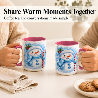 #pl[15oz|Pink] Blue Snowman Coffee Mug, Winter Snowman Mug, Ceramic Cup