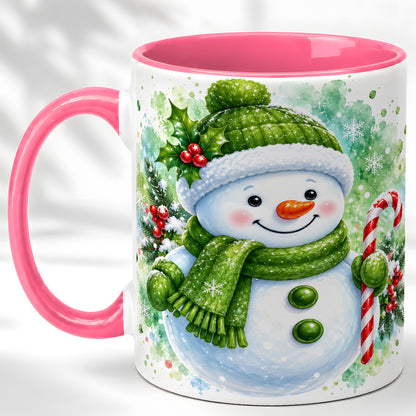 #pl[11oz|Pink] Green Snowman Coffee Mug, Christmas Snowman Mug, Ceramic Cup