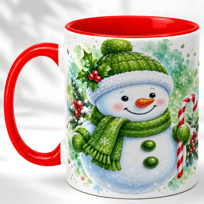 Green Snowman Coffee Mug, Christmas Snowman Mug, Ceramic Cup