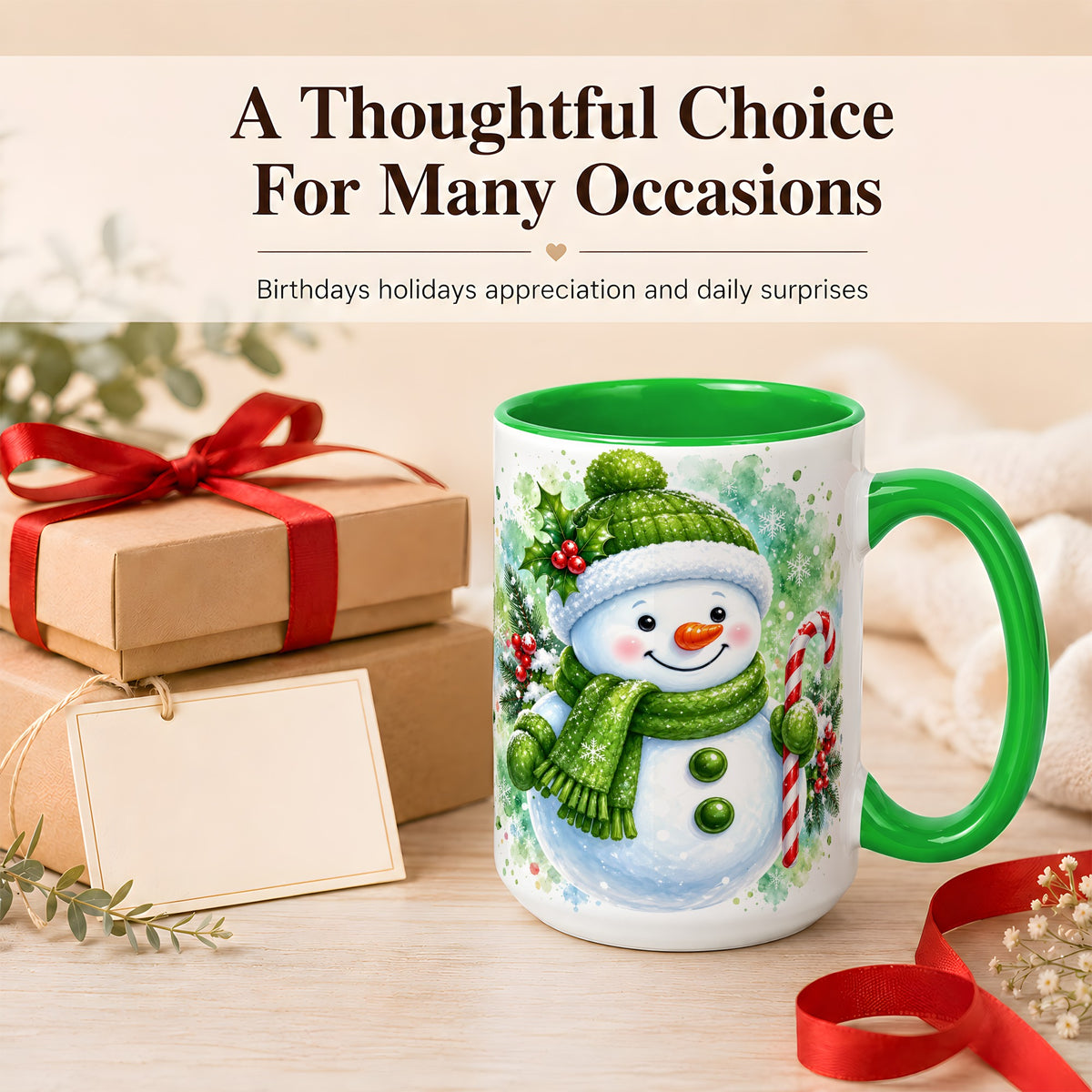 #pl[15oz|Green] Green Snowman Coffee Mug, Christmas Snowman Mug, Ceramic Cup