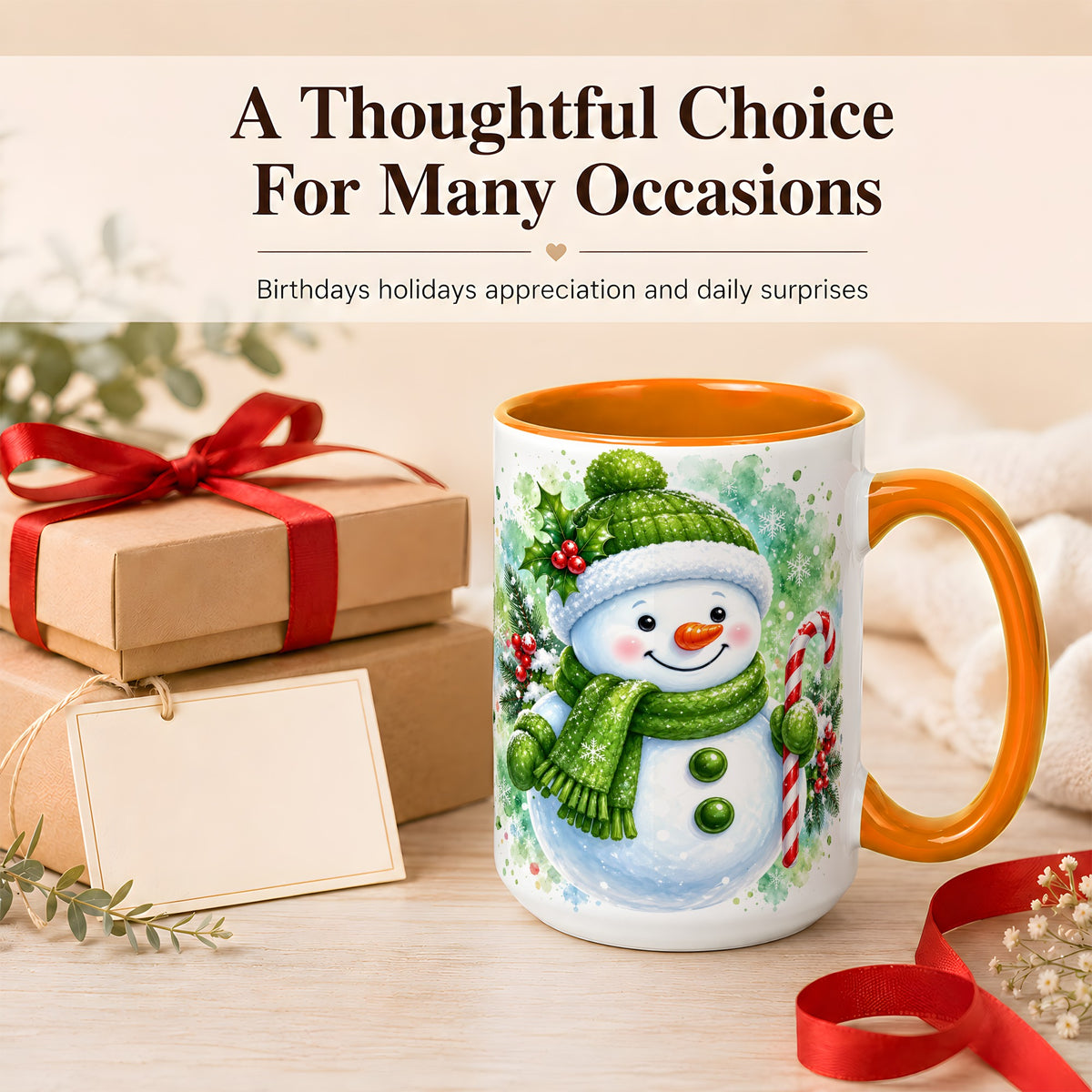 #pl[15oz|Orange] Green Snowman Coffee Mug, Christmas Snowman Mug, Ceramic Cup