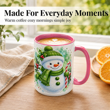 #pl[15oz|Pink] Green Snowman Coffee Mug, Christmas Snowman Mug, Ceramic Cup