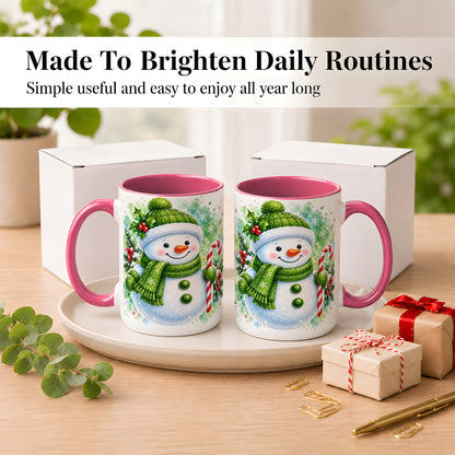 #pl[15oz|Pink] Green Snowman Coffee Mug, Christmas Snowman Mug, Ceramic Cup