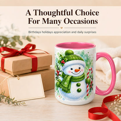 #pl[15oz|Pink] Green Snowman Coffee Mug, Christmas Snowman Mug, Ceramic Cup
