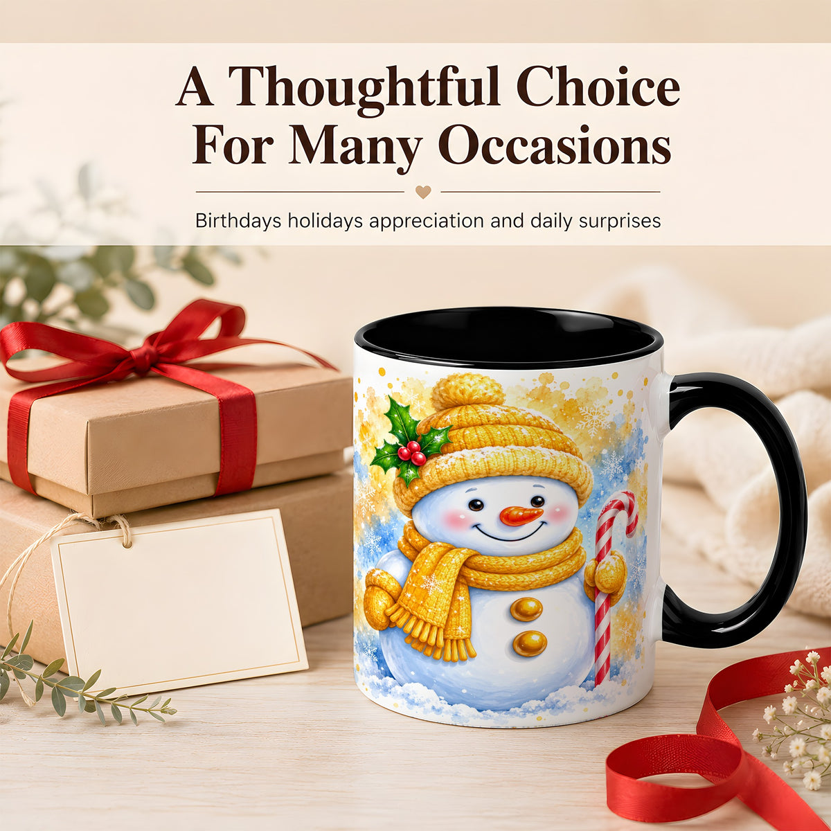 #pl[11oz|Black] Snowman Christmas Coffee Mug, Winter Snowman Mug, Ceramic Cup