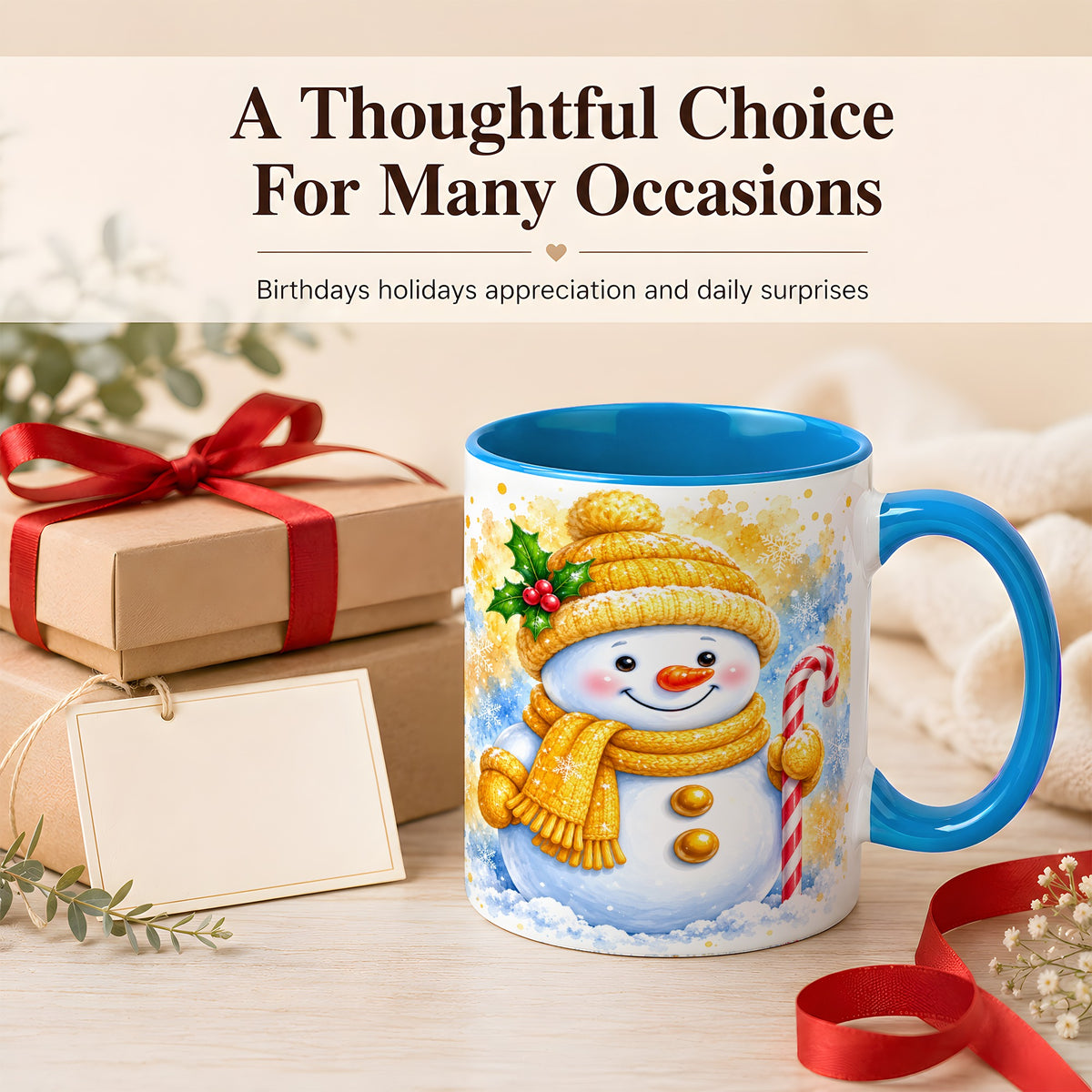 #pl[11oz|Blue] Snowman Christmas Coffee Mug, Winter Snowman Mug, Ceramic Cup