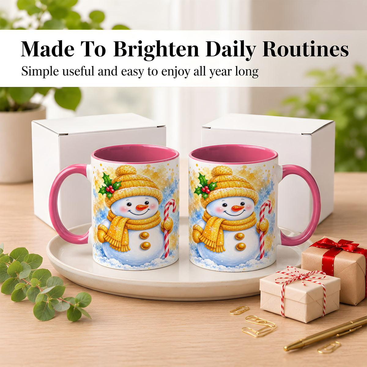 #pl[11oz|Pink] Snowman Christmas Coffee Mug, Winter Snowman Mug, Ceramic Cup