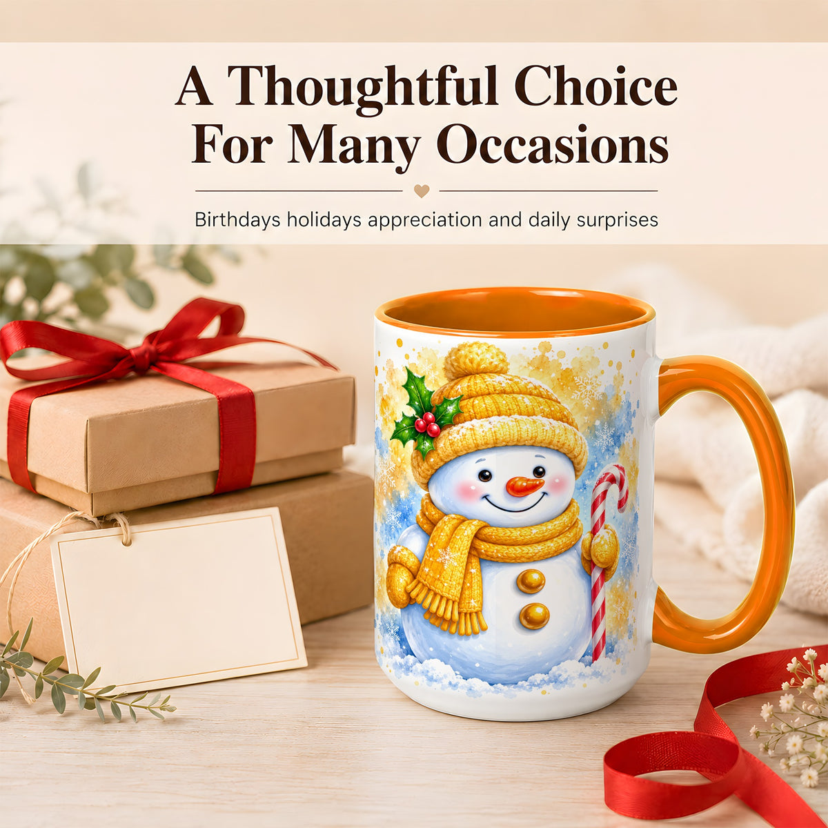#pl[15oz|Orange] Snowman Christmas Coffee Mug, Winter Snowman Mug, Ceramic Cup