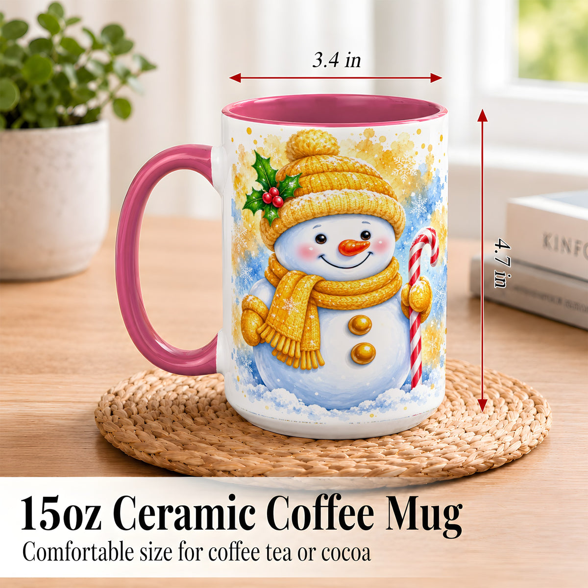 #pl[15oz|Pink] Snowman Christmas Coffee Mug, Winter Snowman Mug, Ceramic Cup