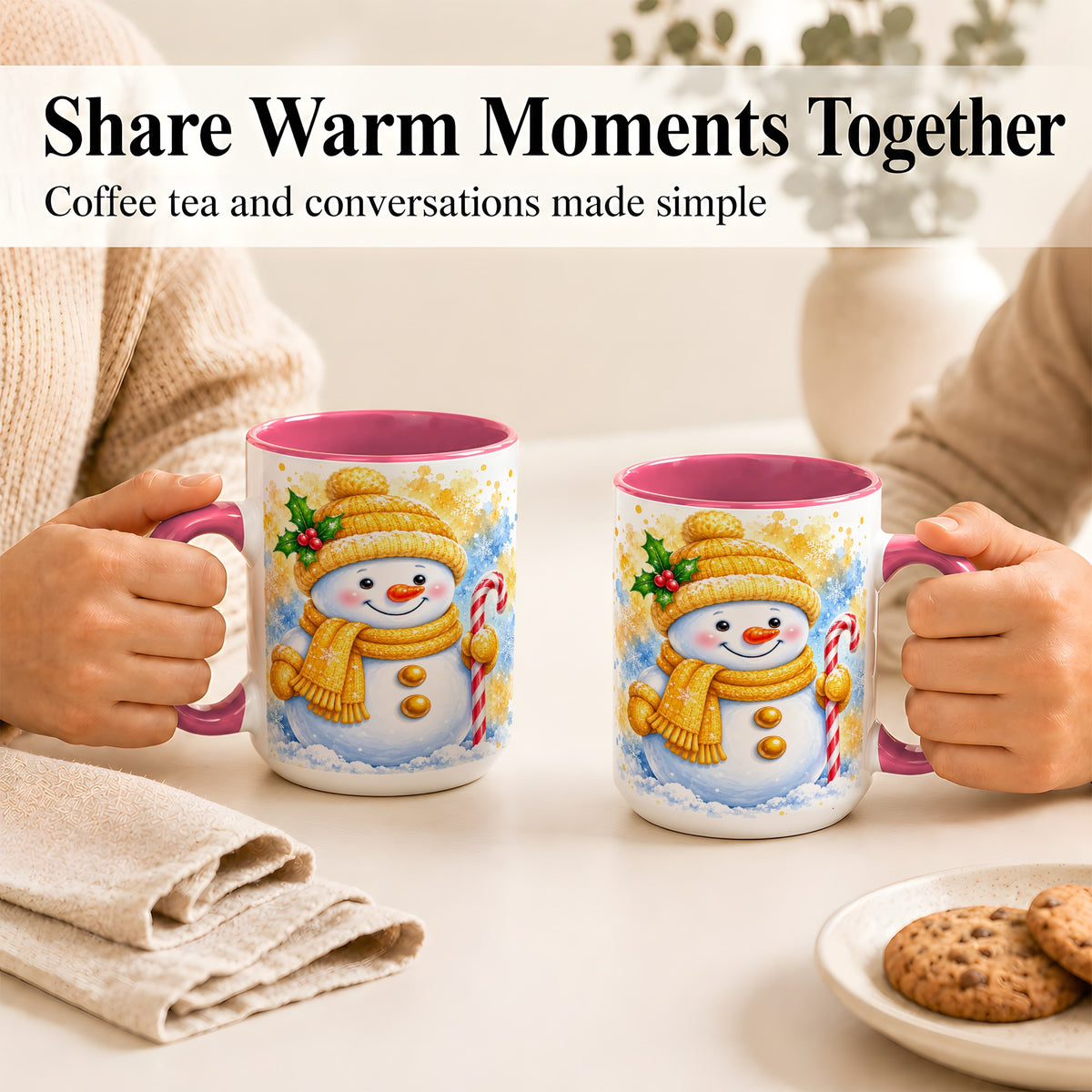 #pl[15oz|Pink] Snowman Christmas Coffee Mug, Winter Snowman Mug, Ceramic Cup