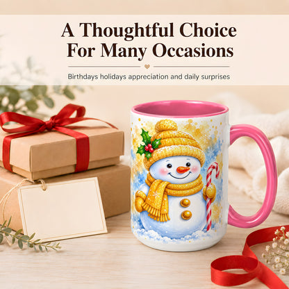 #pl[15oz|Pink] Snowman Christmas Coffee Mug, Winter Snowman Mug, Ceramic Cup