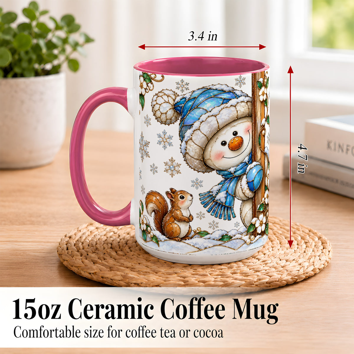 #pl[15oz|Pink] Snowman Squirrel Coffee Mug, Winter Woodland Mug, Ceramic Cup