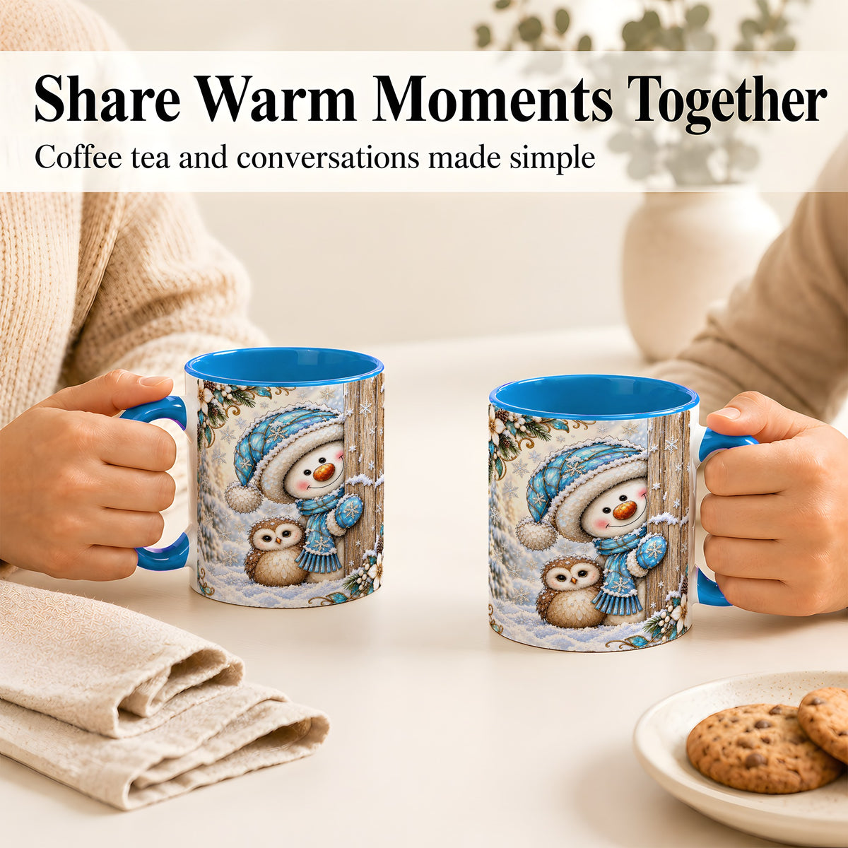 #pl[11oz|Blue] Snowman Owl Coffee Mug, Winter Woodland Mug, Ceramic Cup