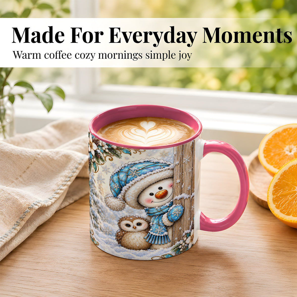 #pl[11oz|Pink] Snowman Owl Coffee Mug, Winter Woodland Mug, Ceramic Cup