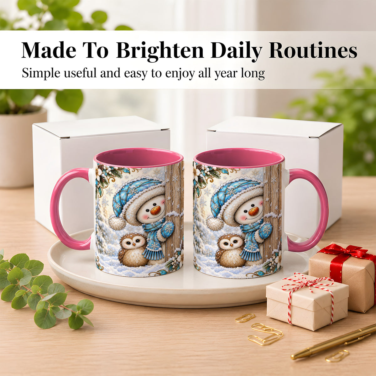#pl[11oz|Pink] Snowman Owl Coffee Mug, Winter Woodland Mug, Ceramic Cup
