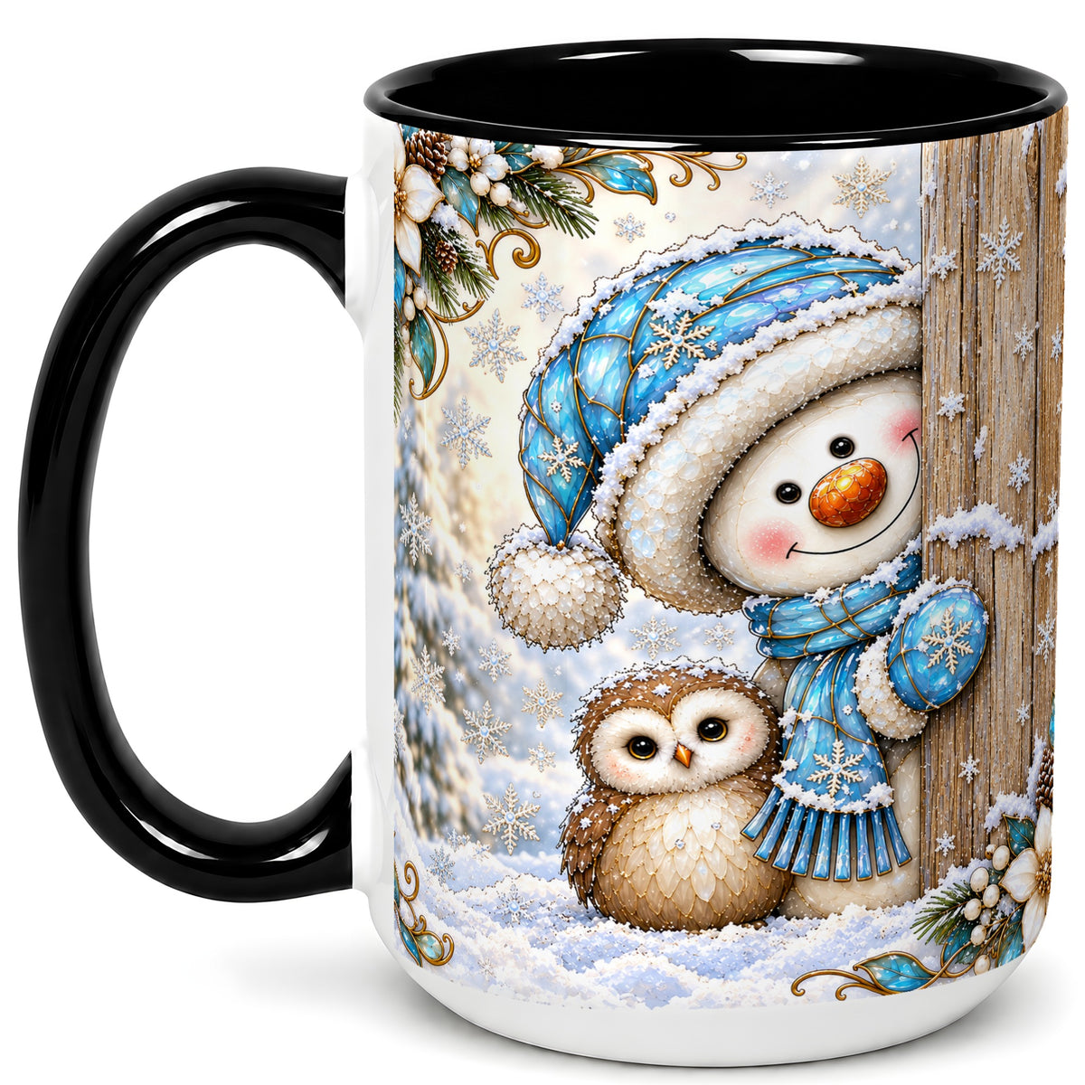 #pl[15oz|Black] Snowman Owl Coffee Mug, Winter Woodland Mug, Ceramic Cup