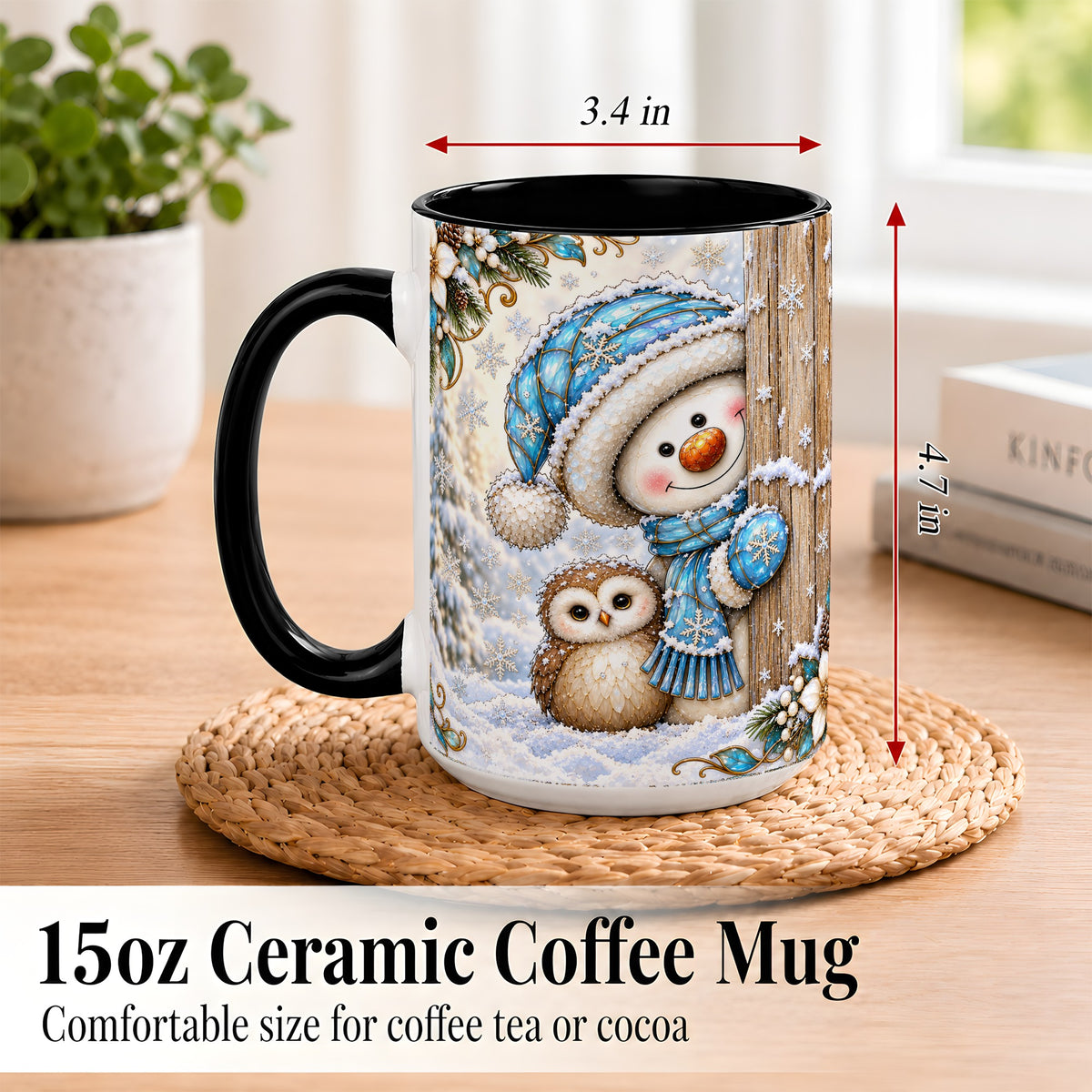 #pl[15oz|Black] Snowman Owl Coffee Mug, Winter Woodland Mug, Ceramic Cup