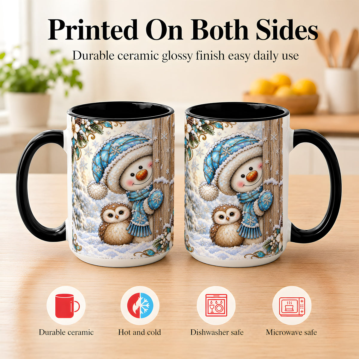 #pl[15oz|Black] Snowman Owl Coffee Mug, Winter Woodland Mug, Ceramic Cup