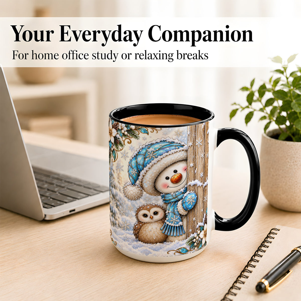 #pl[15oz|Black] Snowman Owl Coffee Mug, Winter Woodland Mug, Ceramic Cup