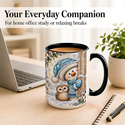 #pl[15oz|Black] Snowman Owl Coffee Mug, Winter Woodland Mug, Ceramic Cup