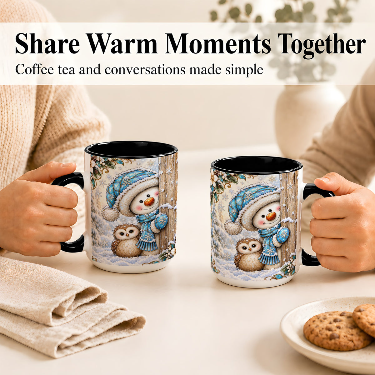 #pl[15oz|Black] Snowman Owl Coffee Mug, Winter Woodland Mug, Ceramic Cup