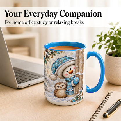 #pl[15oz|Blue] Snowman Owl Coffee Mug, Winter Woodland Mug, Ceramic Cup