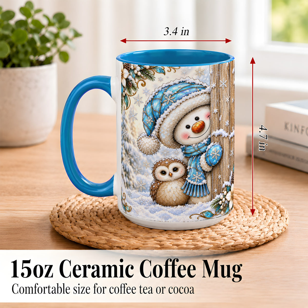 #pl[15oz|Blue] Snowman Owl Coffee Mug, Winter Woodland Mug, Ceramic Cup