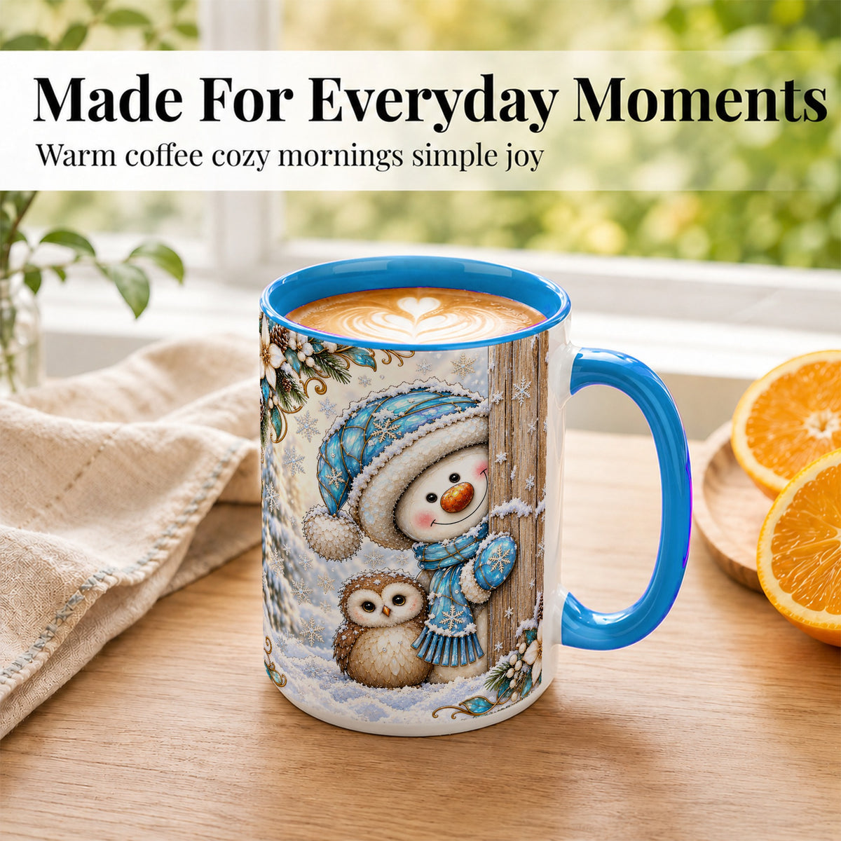 #pl[15oz|Blue] Snowman Owl Coffee Mug, Winter Woodland Mug, Ceramic Cup