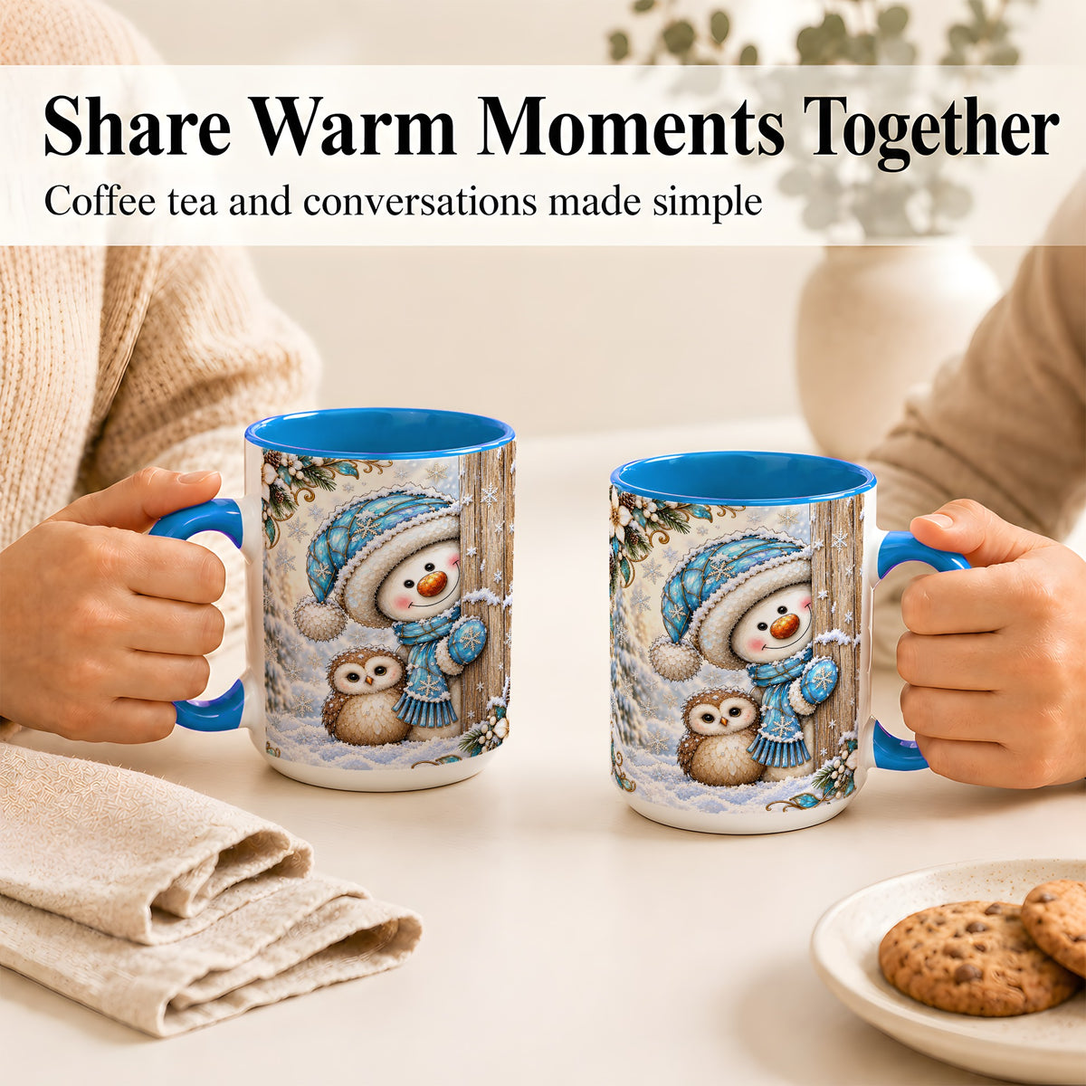 #pl[15oz|Blue] Snowman Owl Coffee Mug, Winter Woodland Mug, Ceramic Cup