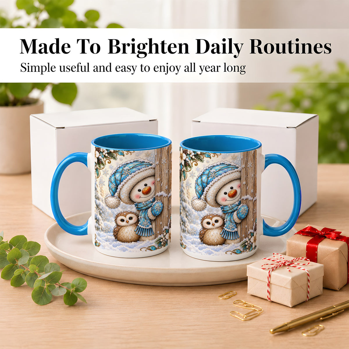 #pl[15oz|Blue] Snowman Owl Coffee Mug, Winter Woodland Mug, Ceramic Cup