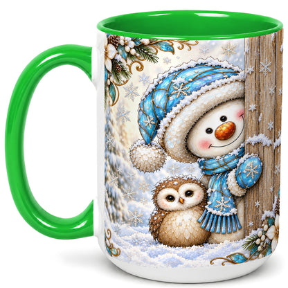 #pl[15oz|Green] Snowman Owl Coffee Mug, Winter Woodland Mug, Ceramic Cup