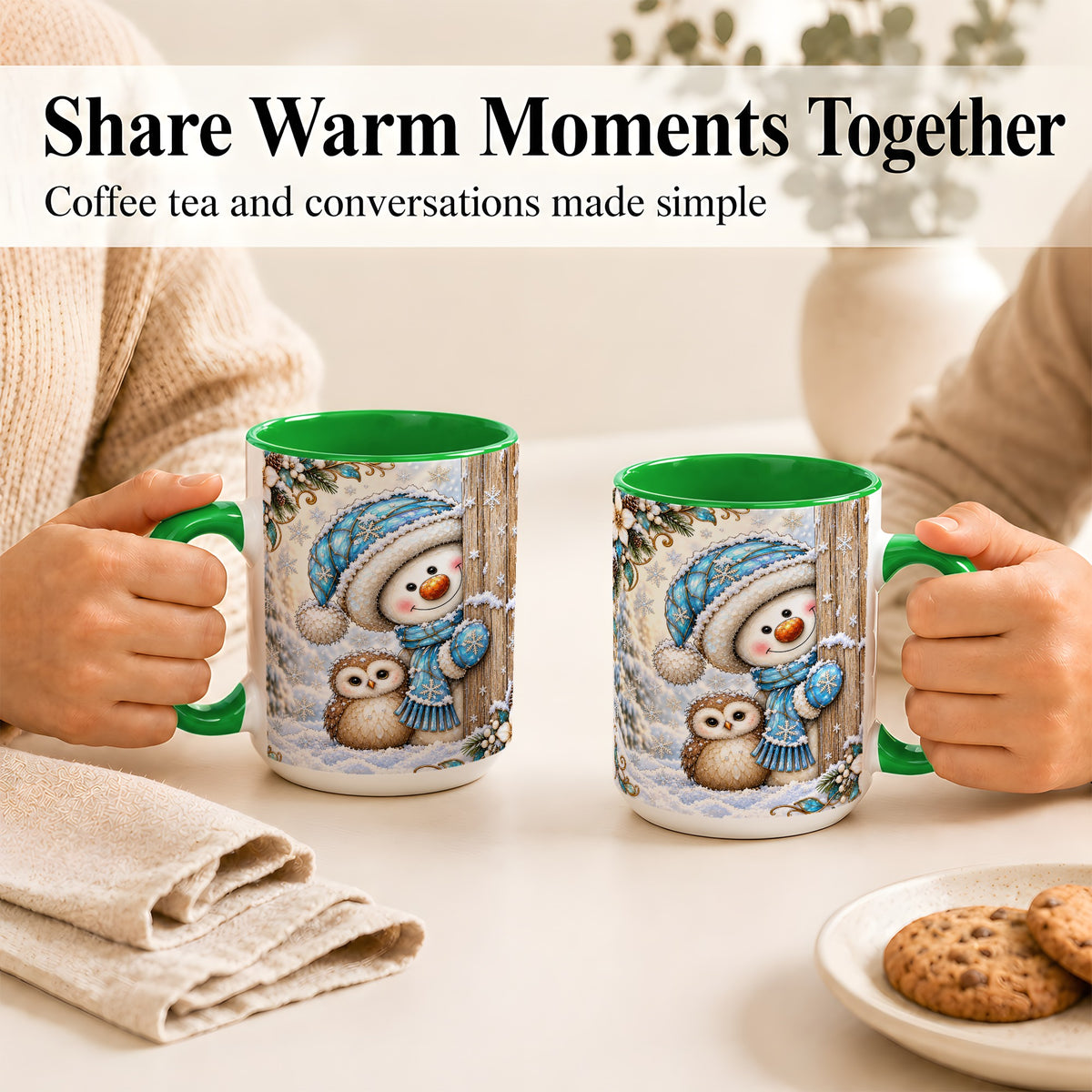 #pl[15oz|Green] Snowman Owl Coffee Mug, Winter Woodland Mug, Ceramic Cup