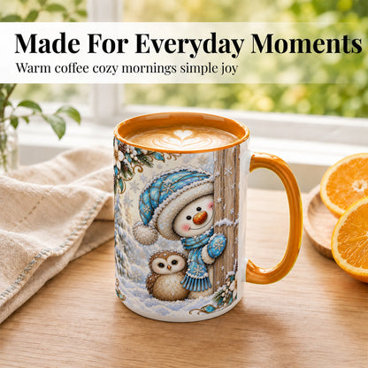 #pl[15oz|Orange] Snowman Owl Coffee Mug, Winter Woodland Mug, Ceramic Cup