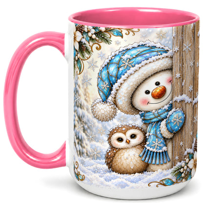 #pl[15oz|Pink] Snowman Owl Coffee Mug, Winter Woodland Mug, Ceramic Cup