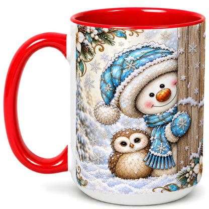 #pl[15oz|Red] Snowman Owl Coffee Mug, Winter Woodland Mug, Ceramic Cup