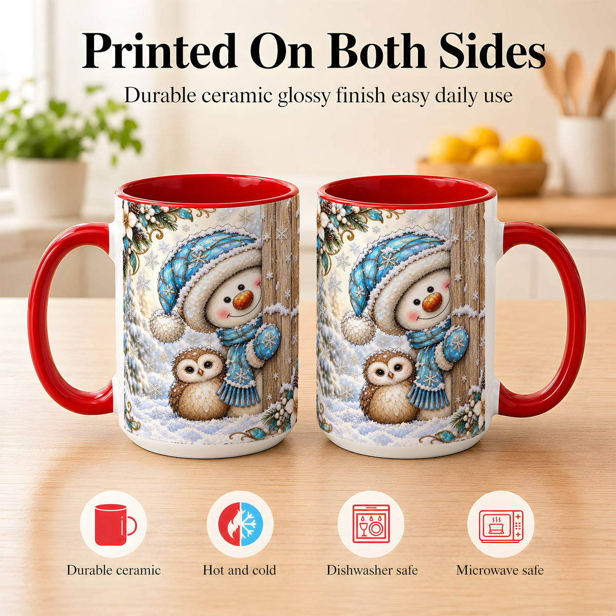 #pl[15oz|Red] Snowman Owl Coffee Mug, Winter Woodland Mug, Ceramic Cup