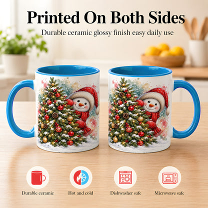 #pl[11oz|Blue] Christmas Tree Snowman Coffee Mug, Holiday Snowman Mug, Ceramic Cup