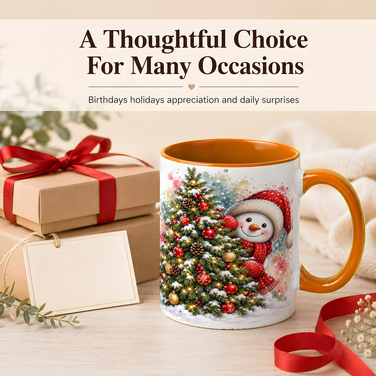 #pl[11oz|Orange] Christmas Tree Snowman Coffee Mug, Holiday Snowman Mug, Ceramic Cup