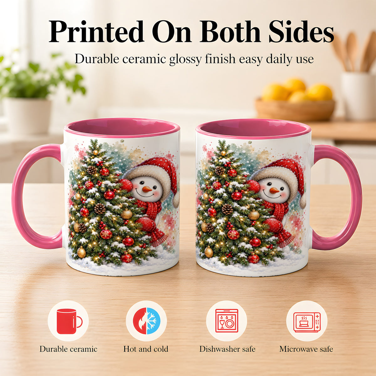 #pl[11oz|Pink] Christmas Tree Snowman Coffee Mug, Holiday Snowman Mug, Ceramic Cup