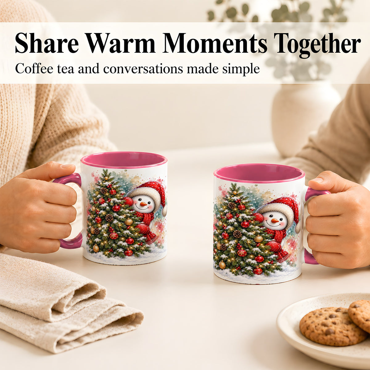 #pl[11oz|Pink] Christmas Tree Snowman Coffee Mug, Holiday Snowman Mug, Ceramic Cup