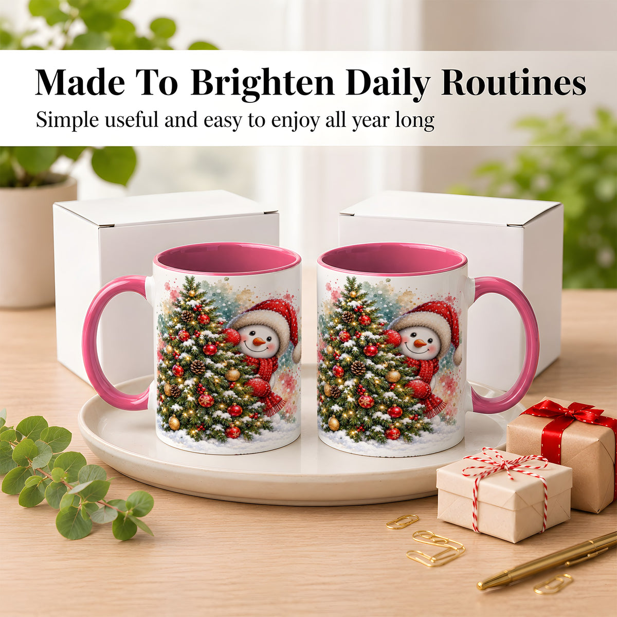 #pl[11oz|Pink] Christmas Tree Snowman Coffee Mug, Holiday Snowman Mug, Ceramic Cup