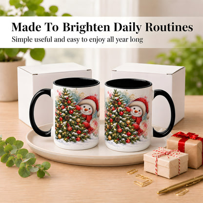 #pl[15oz|Black] Christmas Tree Snowman Coffee Mug, Holiday Snowman Mug, Ceramic Cup