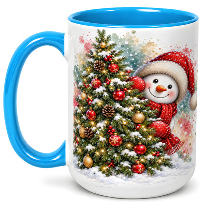 #pl[15oz|Blue] Christmas Tree Snowman Coffee Mug, Holiday Snowman Mug, Ceramic Cup