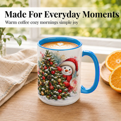 #pl[15oz|Blue] Christmas Tree Snowman Coffee Mug, Holiday Snowman Mug, Ceramic Cup