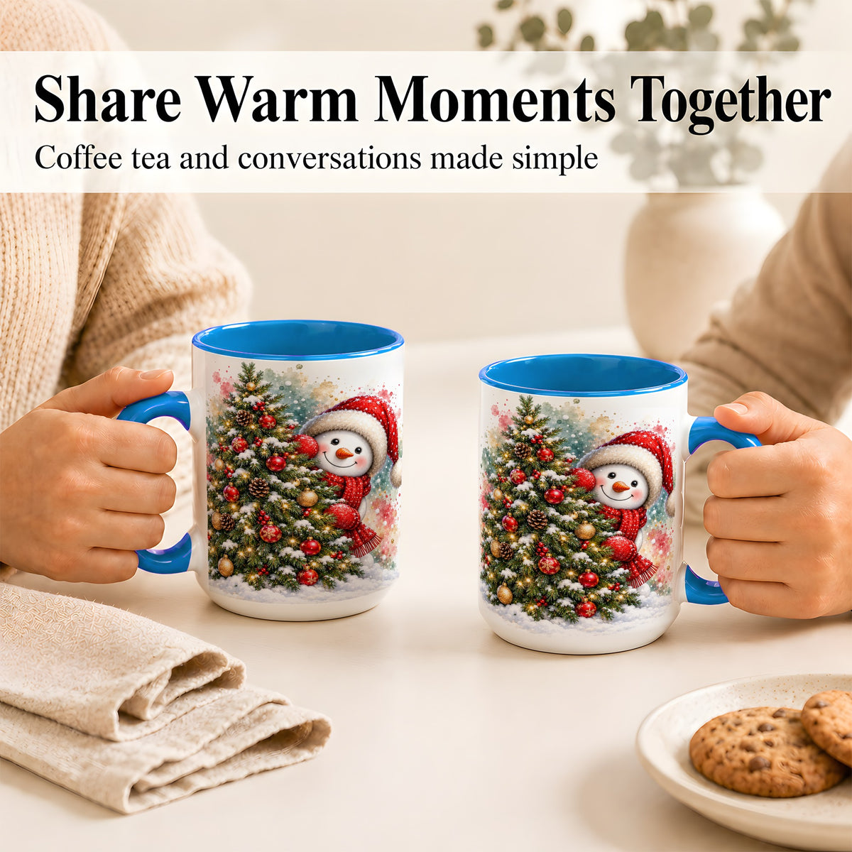#pl[15oz|Blue] Christmas Tree Snowman Coffee Mug, Holiday Snowman Mug, Ceramic Cup