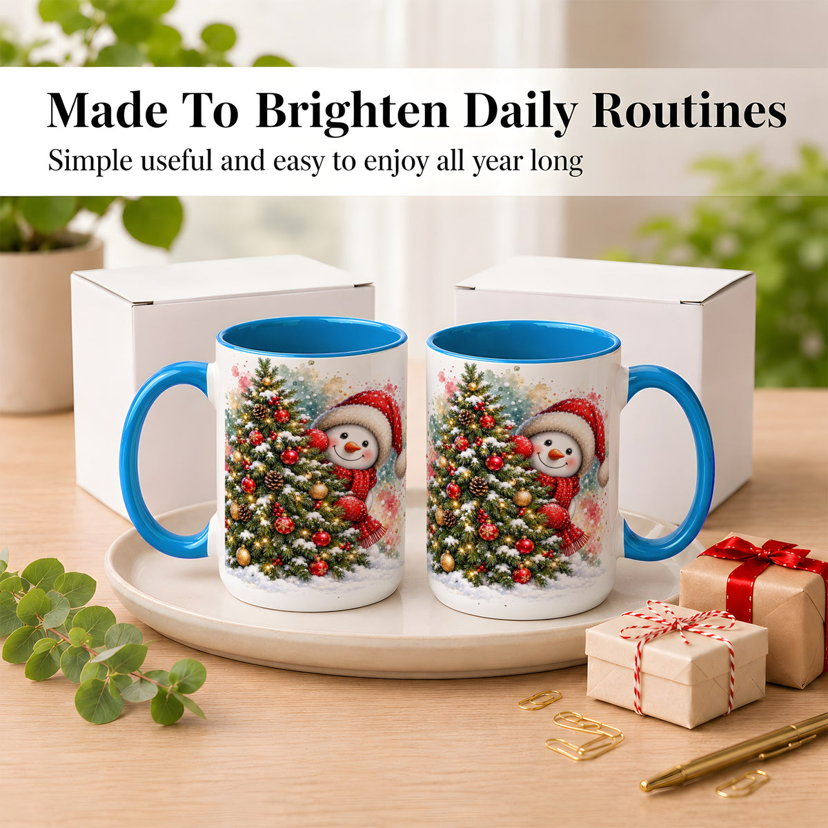 #pl[15oz|Blue] Christmas Tree Snowman Coffee Mug, Holiday Snowman Mug, Ceramic Cup